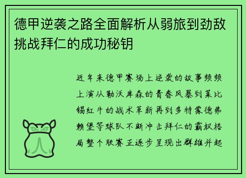 德甲逆袭之路全面解析从弱旅到劲敌挑战拜仁的成功秘钥